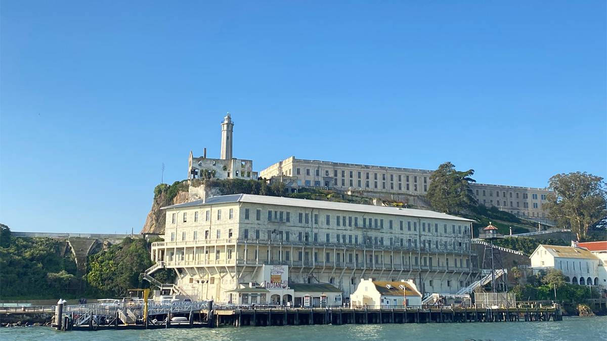 ferry docking area for the entrance and exit to Alcatraz Island on a sunny day in San Francisco, California, USA